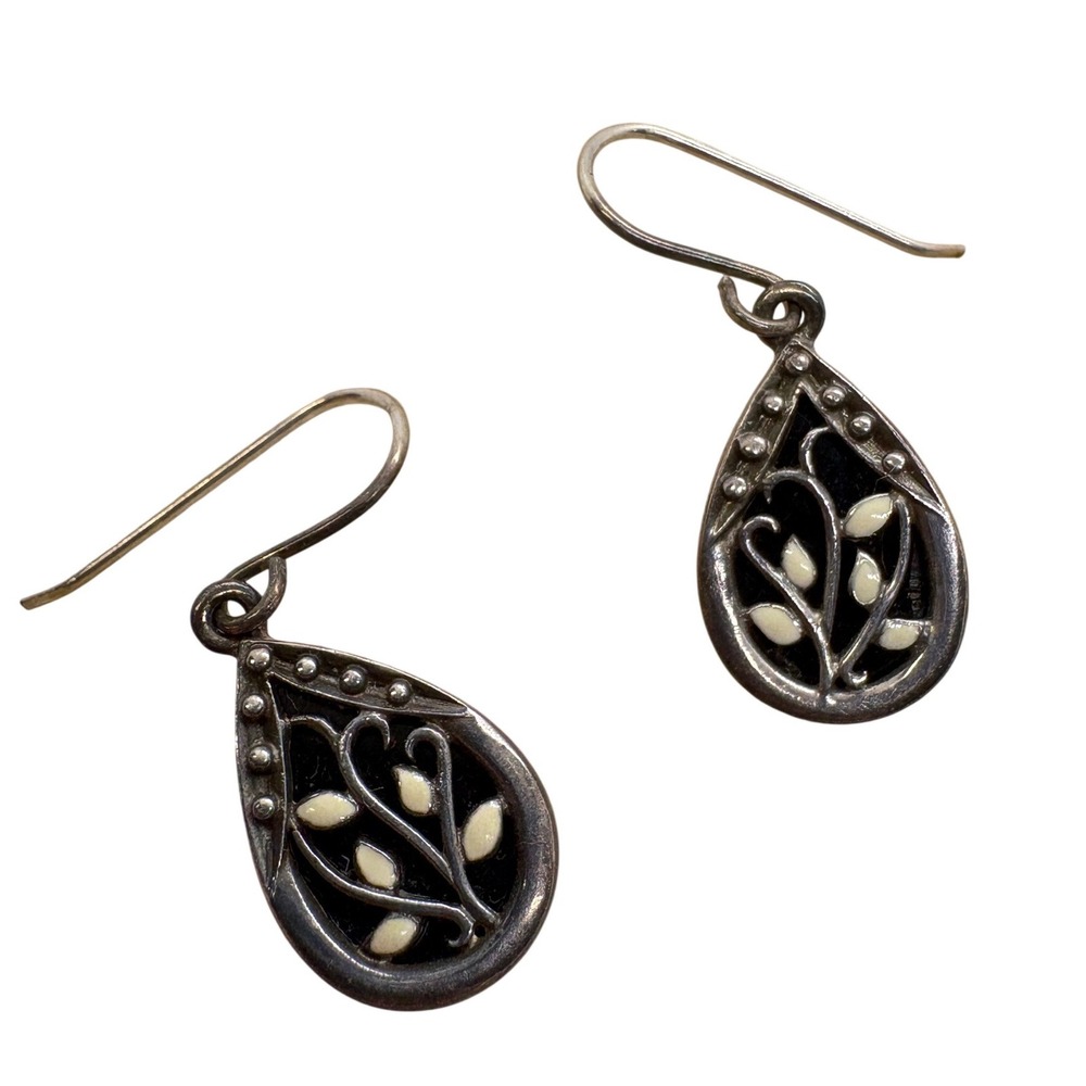 Vintage Sterling Silver 925 Enamel Leaf Teardrop Filigree Dangle Earrings